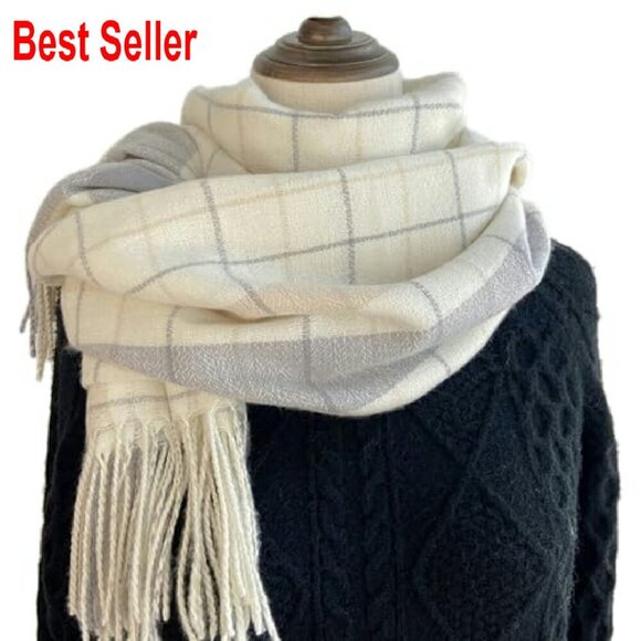 Oversized Cashmere Feel Plaid Scarf Elegant Winter Wrap Shawl Fringed - Picture 3 of 8